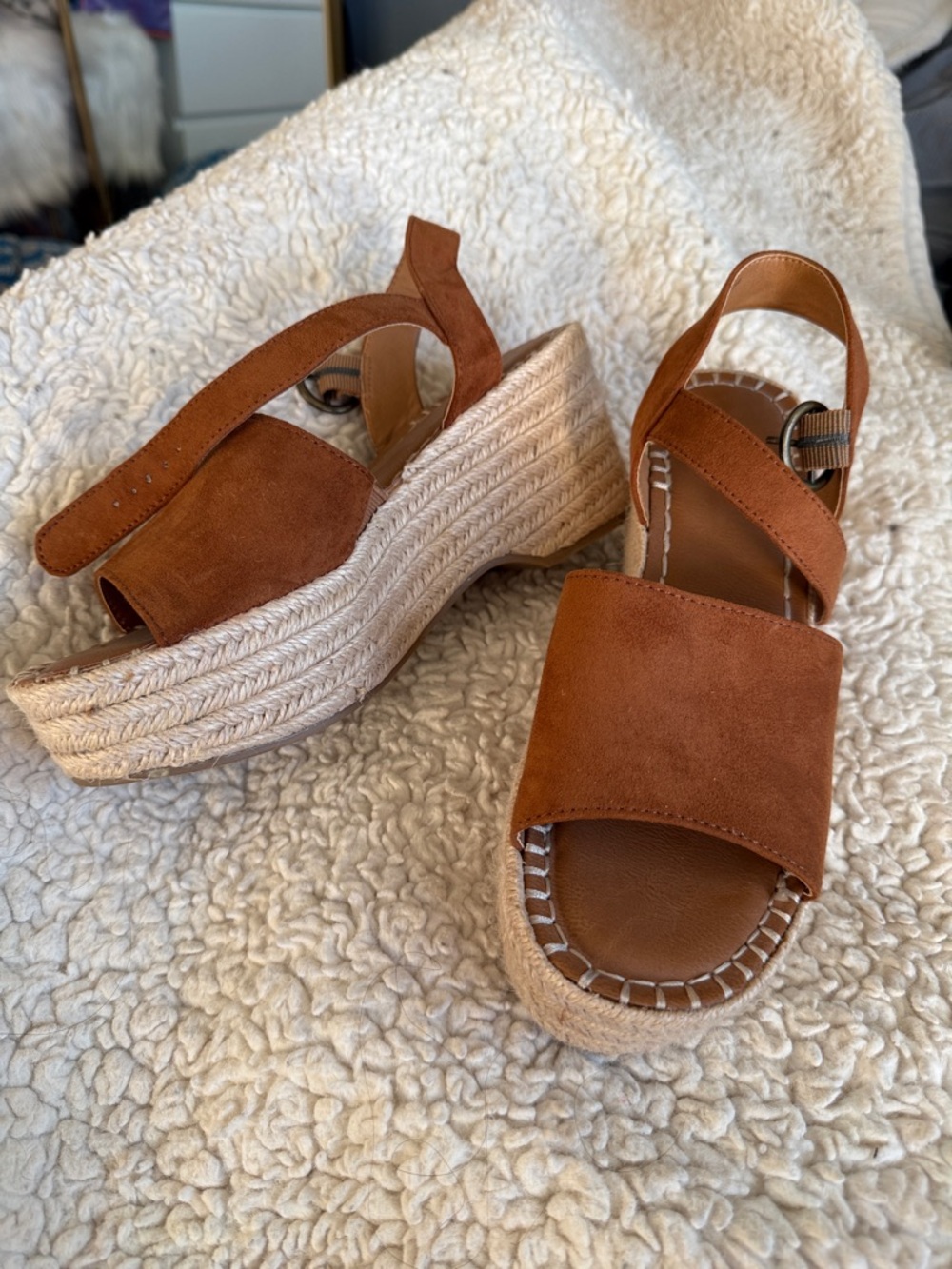 Womens Tan Suede Espadrille Wedge Sandals